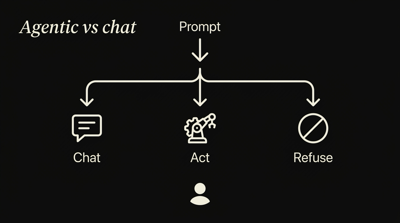 A side panel pill showing chat, act, and refuse modes, with act highlighted