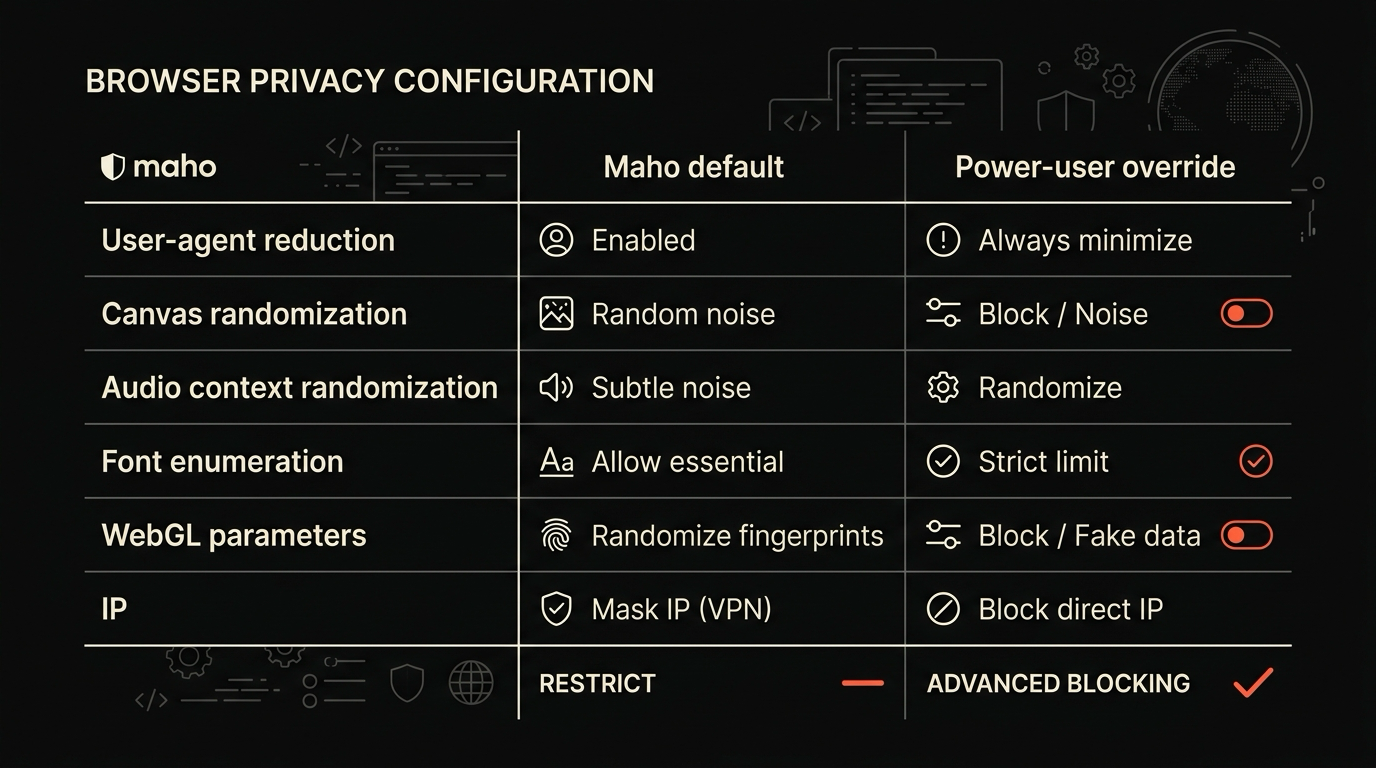 A table comparing default and power-user fingerprinting settings