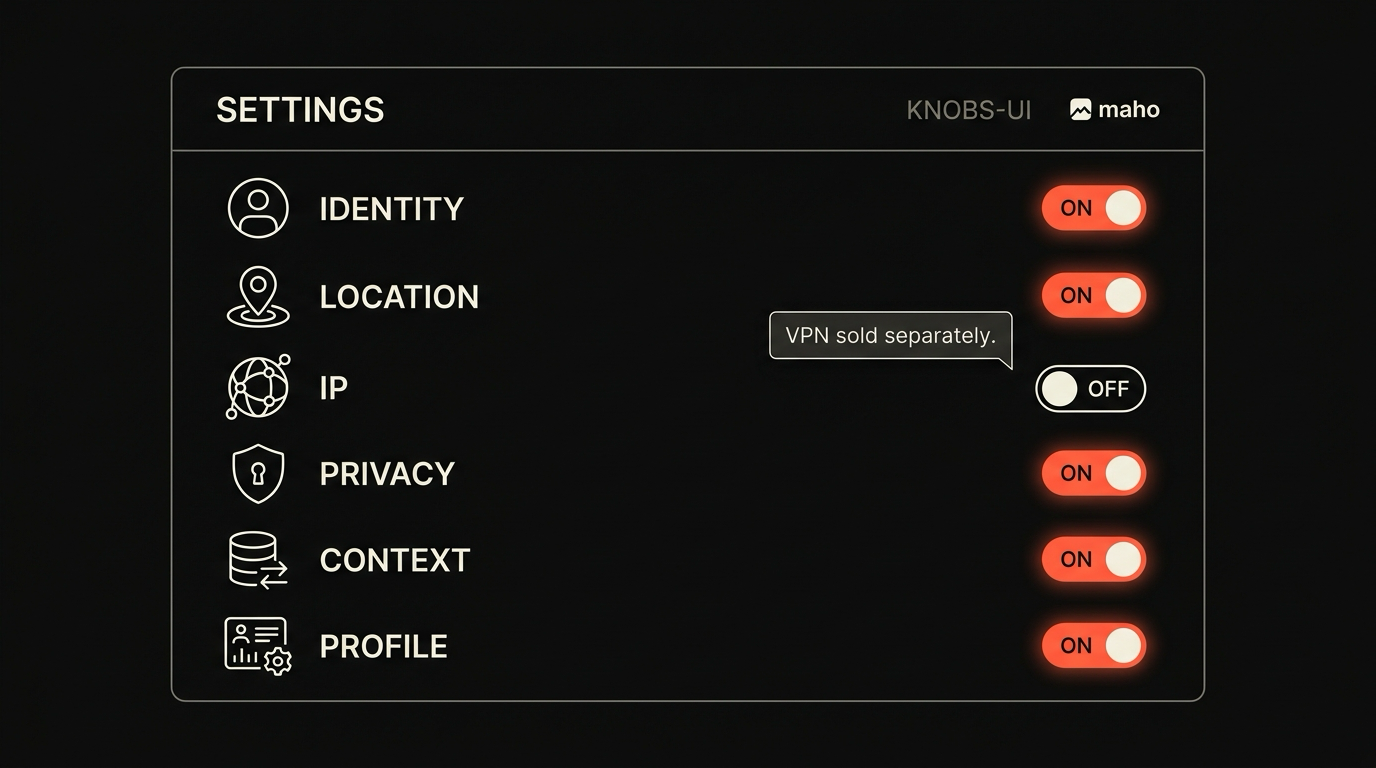 A settings panel with toggles for fingerprinting defenses
