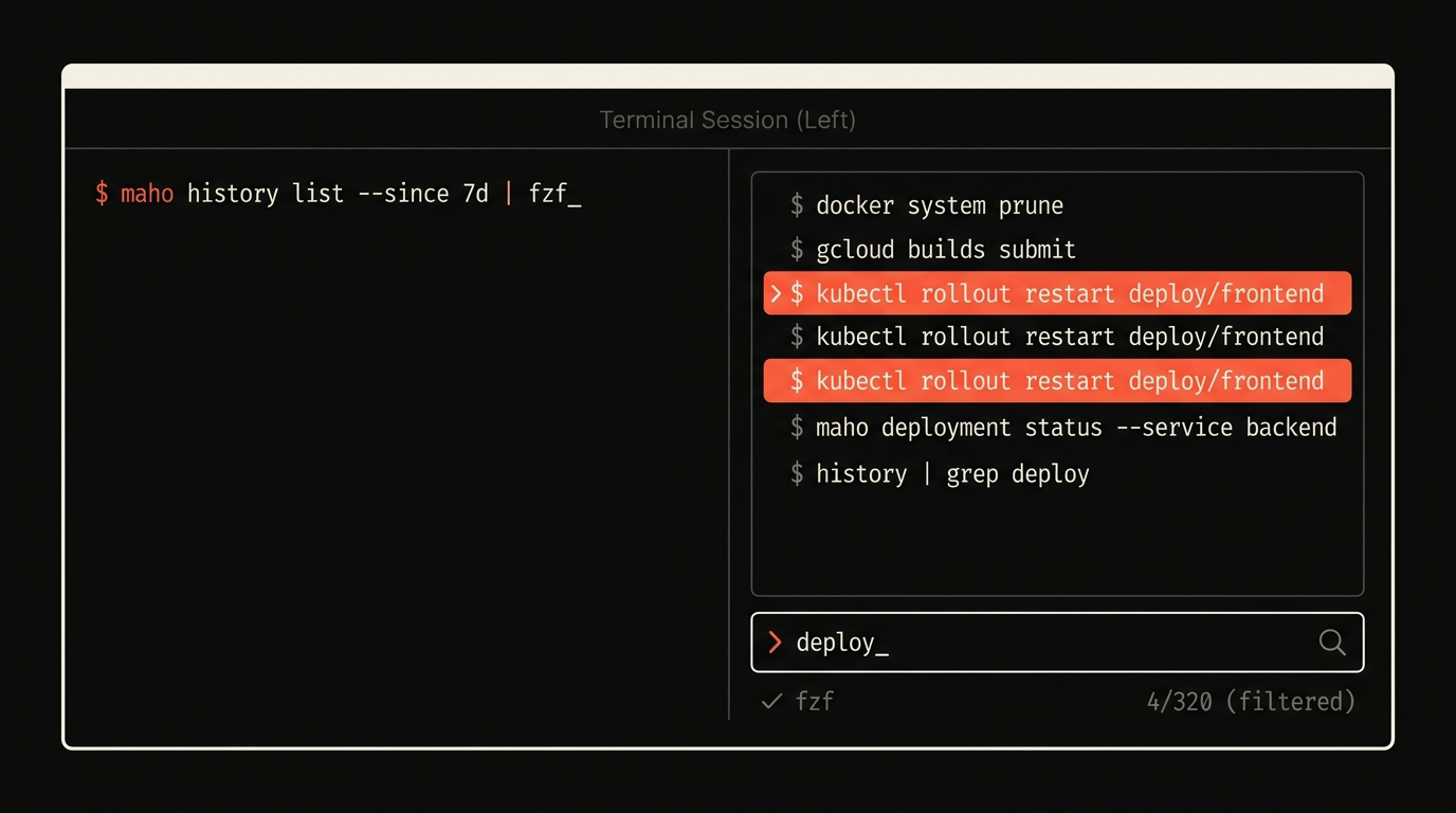 A split terminal showing fzf filtering history results live