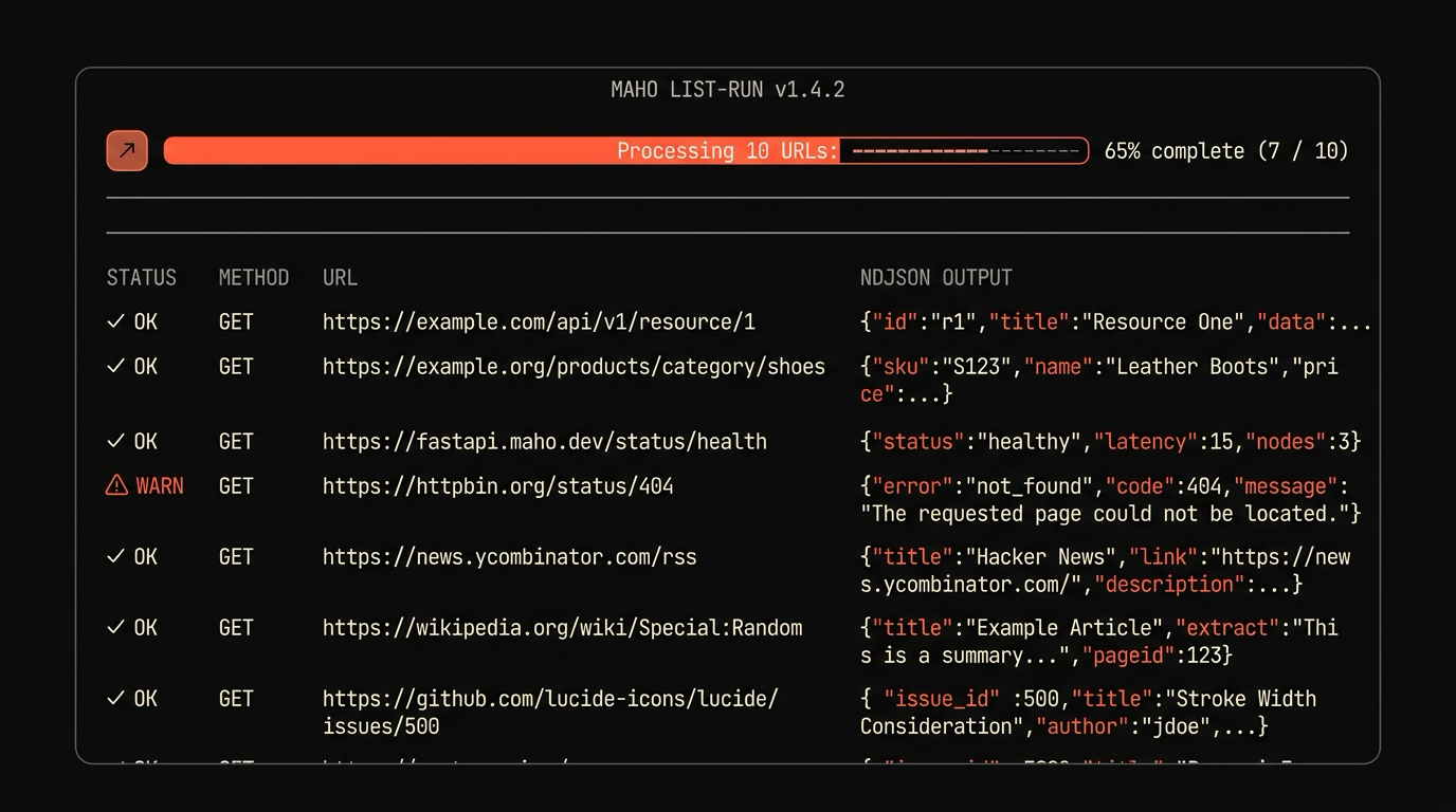 A terminal showing batch URL processing with NDJSON output
