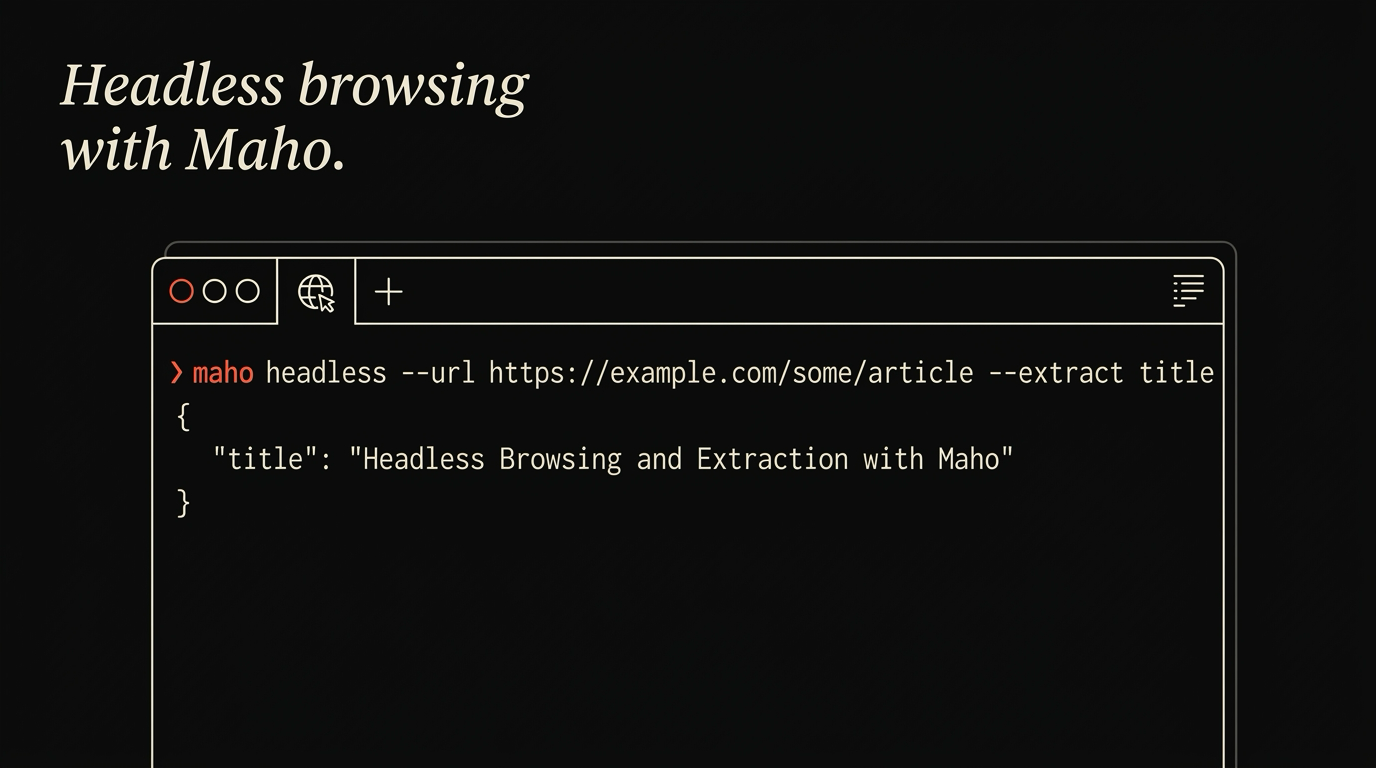 A terminal running maho headless against a URL list, with NDJSON streaming out