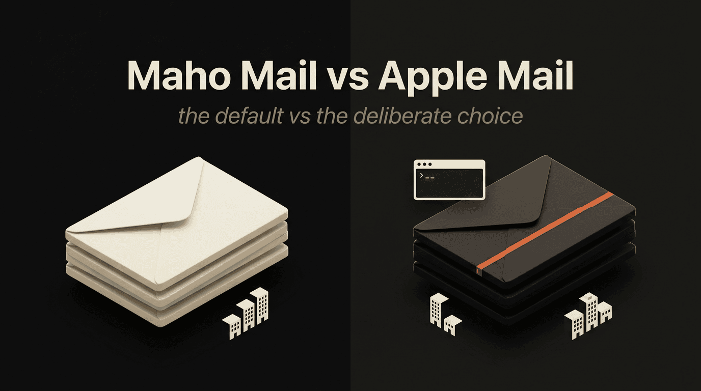 Two abstract envelope stacks on a dark stage — cream for Apple Mail, charcoal with terminal glyph and persimmon accent for Maho Mail.