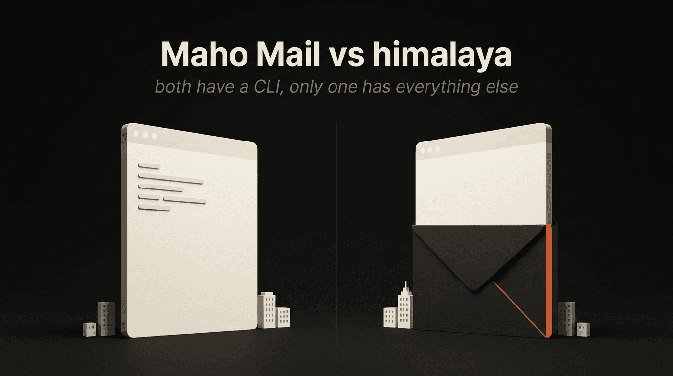 A cream terminal slab for the himalaya CLI, next to a joined terminal-and-envelope with persimmon accent for Maho Mail's CLI + GUI + MCP.