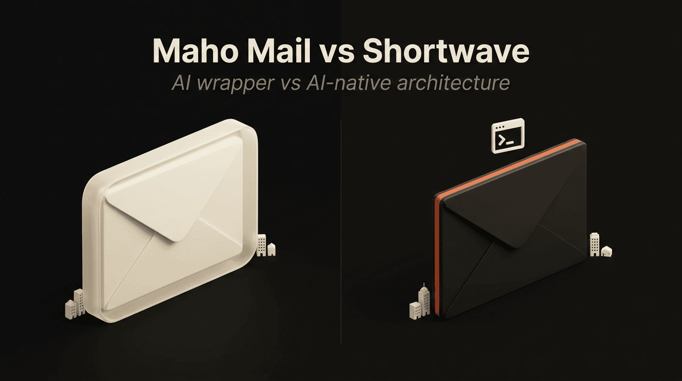 A cream envelope in a translucent shell for Shortwave's AI wrapper, next to a charcoal envelope with terminal and persimmon for Maho Mail.