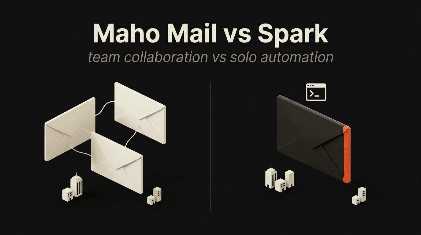 A three-envelope cluster for Spark's team email next to a charcoal envelope with terminal glyph and persimmon accent for Maho Mail.
