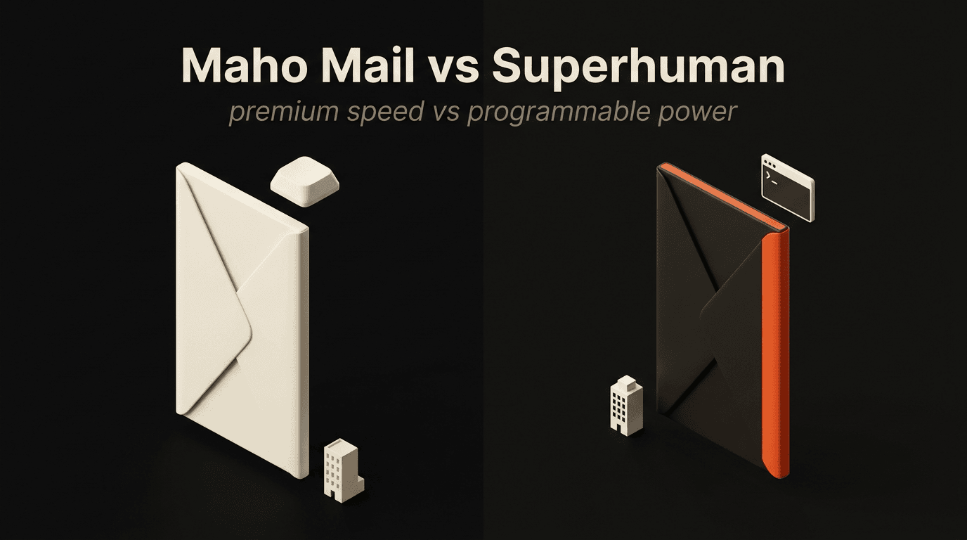 Two envelopes on a dark stage — cream with keyboard-key for Superhuman, charcoal with terminal and persimmon accent for Maho Mail.