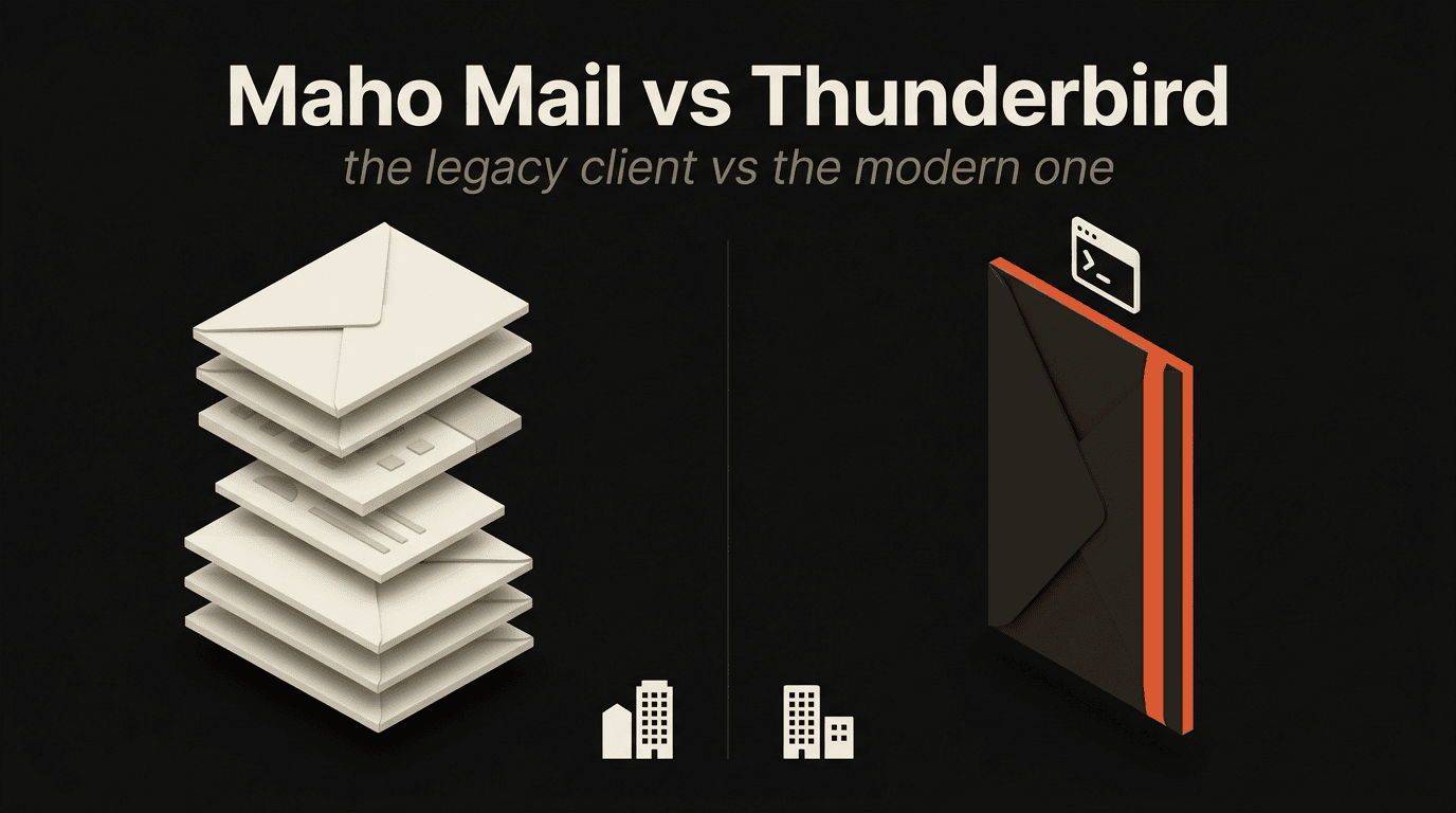 A dense cream stack for Thunderbird contrasts a single charcoal envelope with terminal glyph and persimmon accent for Maho Mail.