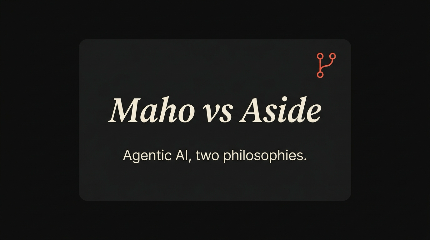 Two abstract slabs facing each other on a dark stage. Left cream slab represents Maho; right dark slab with a persimmon accent represents Aside.