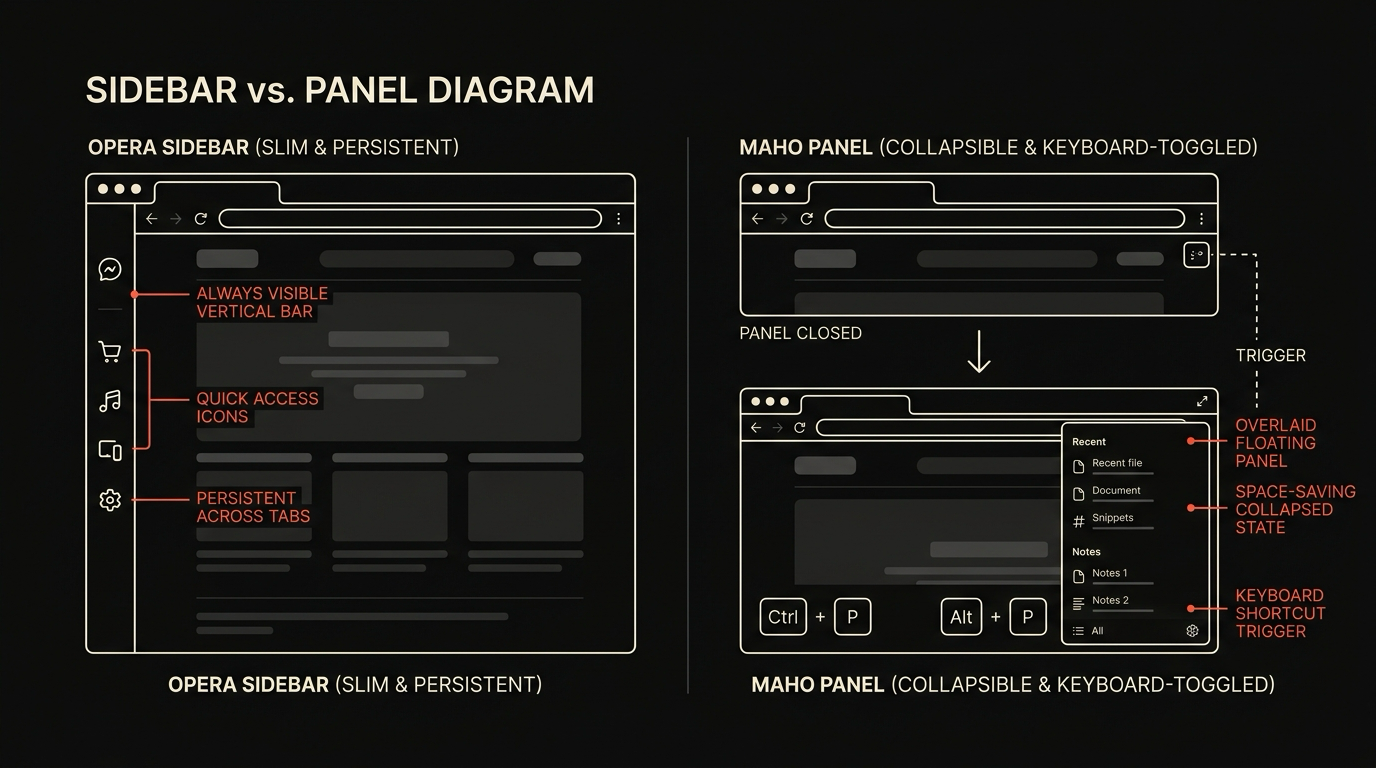Two browser frames comparing Opera sidebar and Maho panel