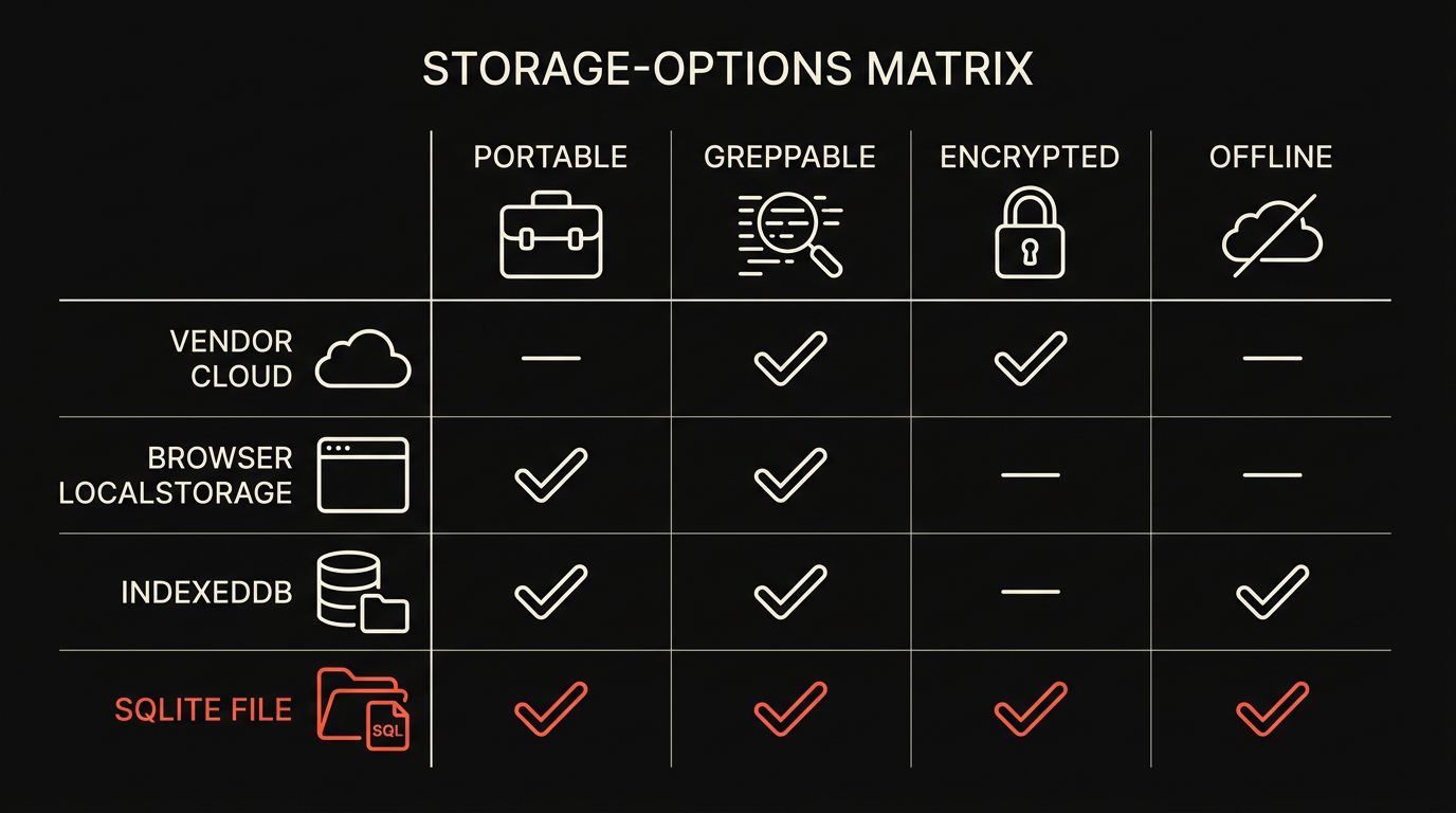 A matrix comparing storage options with SQLite highlighted