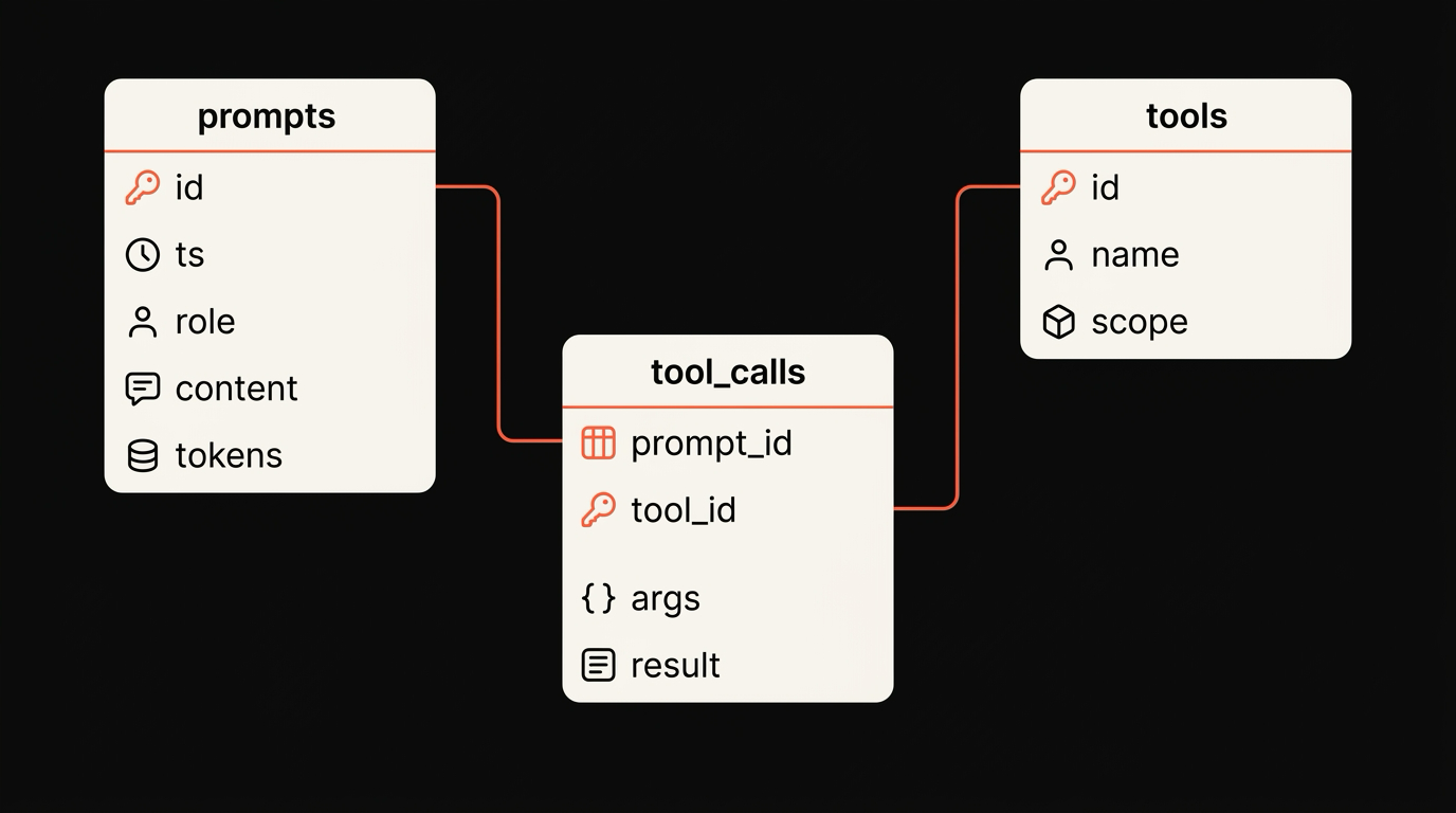 A schema diagram of three prompt history tables with relations